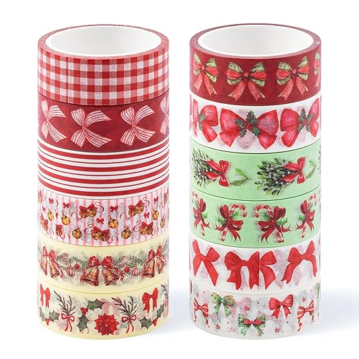 Christmas Bow Washi Tape - 12 Rolls Festive Holiday Designs with Holly Candy Cane Patterns, Easy Tear & Acid Free Adhesive for for Gift Wrapping, Scrapbook, Journal Decor & DIY Projects