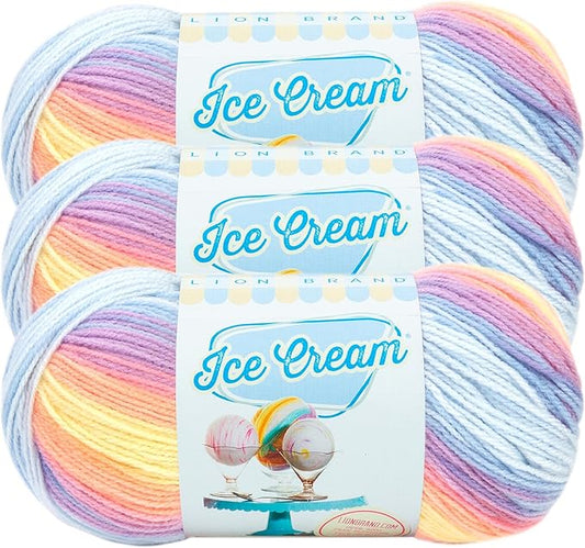 Lion Brand Yarn, Ice Cream Baby Yarn for Knitting, Crochet, and Crafts, Parfait, 3 Pack, DK Weight Colorful Acrylic Fiber for Baby Blankets, Hats, and Sweaters