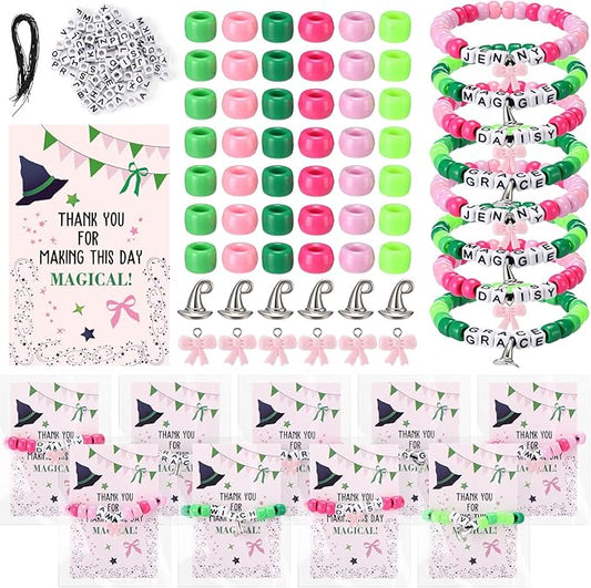 Ferreve 24 Sets Pink and Green Party Favors Witch Bead Bracelets Friendship Crafts Kit for Witch Princess Birthday Party Activities Jewelry Making Gifts