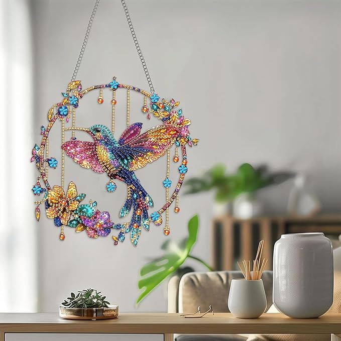 Bimkole Bird Diamond Art Hanging Kit for Adult, DIY 5D Flowers Diamond Painting Window Pendant, Acrylic Crystal Art Hanging Ornament for Wall Home Garden Front Door Decor - 7.8x7.8 Inch