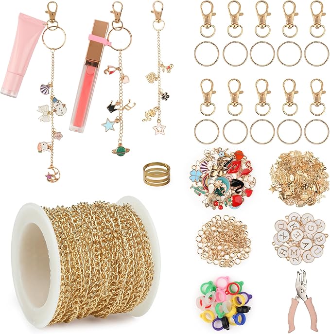 Starry 329 Pcs Lip Gloss Keychain Making Kit 16.4 ft Gold Chains 86 Charms with Rubber Lipgloss Ring Keychain Clips for DIY Crafts Women