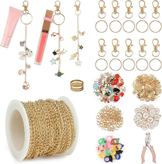 Starry 329 Pcs Lip Gloss Keychain Making Kit 16.4 ft Gold Chains 86 Charms with Rubber Lipgloss Ring Keychain Clips for DIY Crafts Women