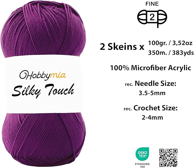 Silky Touch Acrylic Yarn - Soft Sport Weight Yarn for Crochet & Knitting - 100g / 383yds - 100% Microfiber Acrylic - Lightweight Fine Smooth Yarn(Purple - Cabbage Flower, 2 Skeins)