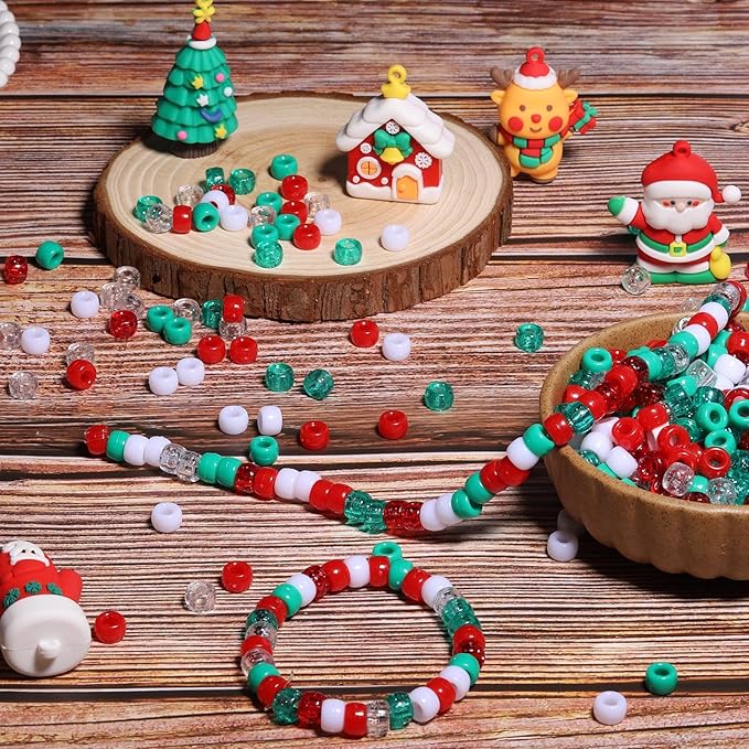 1000Pcs Friendship Bracelet Christmas Beads for Jewerly Making 6x9mm Pony Beads for Bracelets DIY Crafts, 5 Style Color Hair Bead for Braids with Stretch Cord and Scissors
