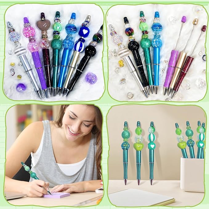 163 Pcs Pen Beads for Beadable Pens: Bubblegum Beads for Pen Making Bulk with Spacer Bead Rhinestone Bead (Green)