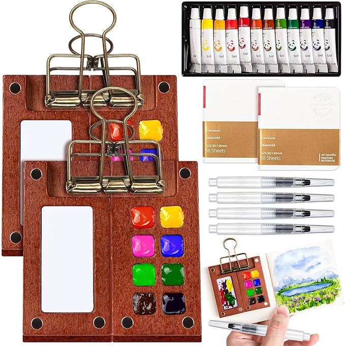 Mini Watercolor Paint Set, Portable Travel Watercolor Kit with 12 Colors, 2Pcs Wooden Palette, 2 Sketchbook & Metal Clip, 4 Brushes - Pocket Art Supplies for Artists, Adults, Beginners & Outdoor Paint