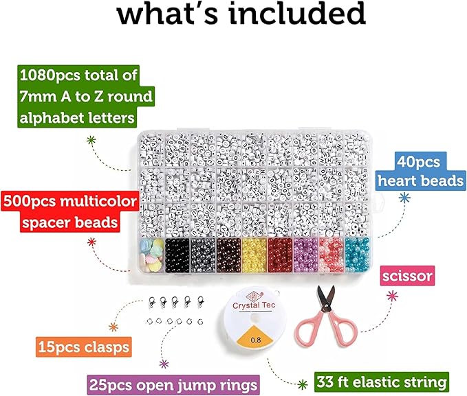 Incraftables 3-Color Alphabet Beads for Jewelry Making (7mm, 1080pcs). A-Z Black, Silver & Rose Gold Set for DIY Bracelets & Crafts. Letter Mix with Elastic String & Organizer.