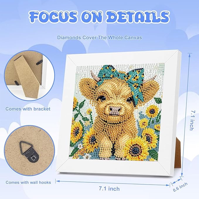 Gearock Diamond Art Kits with Wooden Frame, Easy DIY 5D Diamond Painting Kits, Flowers Cow Cute Big Gem Kits for Adults Beginners Animal Lovers Halloween Christmas Birthday Gifts