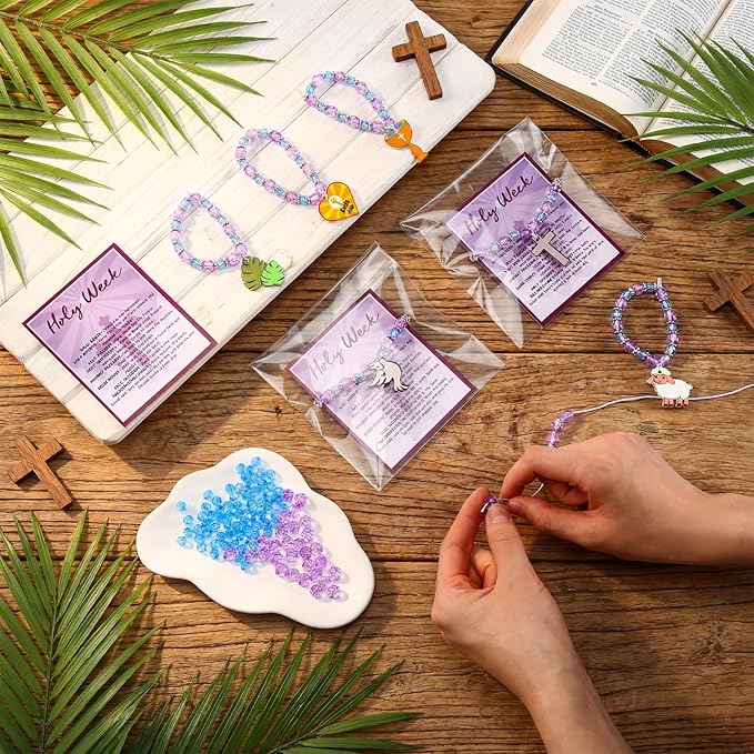 Liliaafar 24 Sets Easter Crafts Holy Week Bead Bracelet Craft Kits with Card Easter Party Favors DIY Holy Week Sunday Beaded Gifts Religious Christian Bracelet Kits for Spring Art Gifts