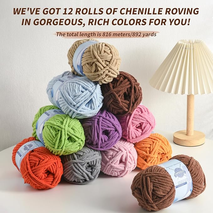 12 Pack Fluff Chenille Chunky Yarn for Crocheting Premier Puzzle - Velvet Baby Crochet Yarn with Black White Purple Pink Blue Coffee Red Khaki Yellow Amigurumi Set C