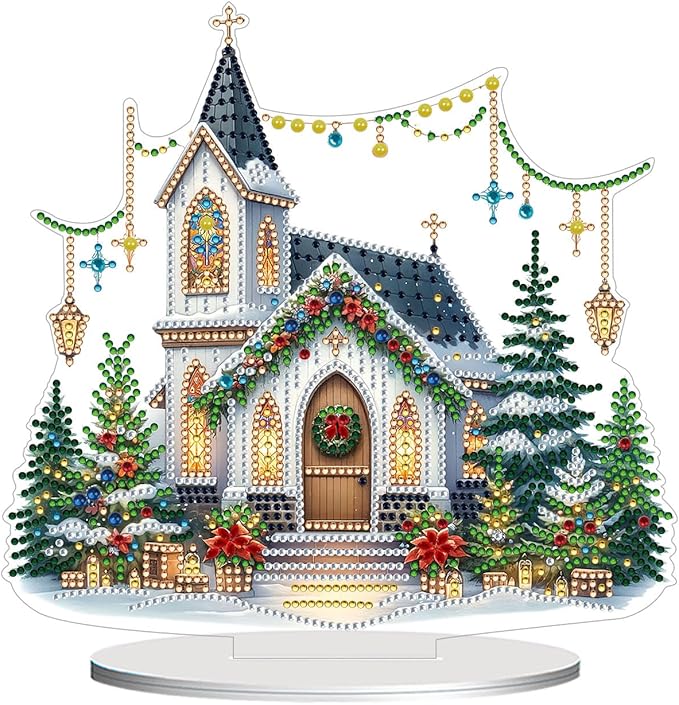 JJFox DIY Tabletop Diamond Art Painting Kit，Special Shaped Rhinestone Desk Placement Ornament，Home Stand Up Gem Painting Craft Kit，Gift,Double Sided. (Christmas House-2)