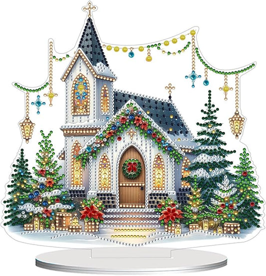 JJFox DIY Tabletop Diamond Art Painting Kit，Special Shaped Rhinestone Desk Placement Ornament，Home Stand Up Gem Painting Craft Kit，Gift,Double Sided. (Christmas House-2)