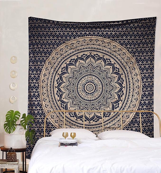 popular handicrafts tapestry wall hanging hippie ombre mandala bohemian hippy psychedelic design indian tapestries bedspread 30 x 40 inches (76 x 101 cms), blue gold