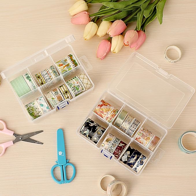 BTSKY 2 Pack Plastic Storage Box with 6-Compartment Grids, Washi Tape Organizer with Removable Dividers, Lightweight Clear Washi Tape Container Case for Storage Bead Jewelry Small Tool and Stamps