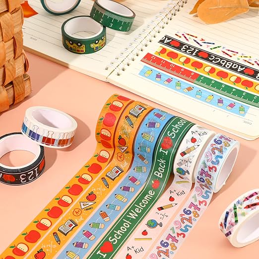Whaline 12 Rolls Back to School Washi Tape Colorful Welcome Back to School Washi Masking Tape School Bus Ruler Crayon Decorative Paper Stickers for Scrapbook Gift Wrapping DIY Art Crafts
