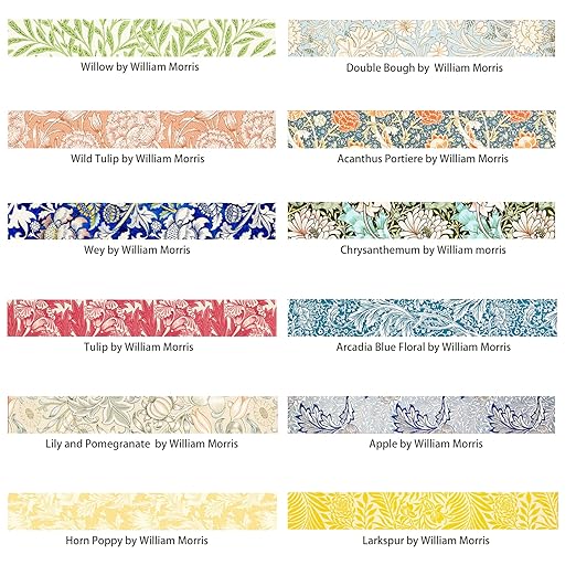 Berkin Arts 12 Rolls Art Floral Designs Washi Tape Set - 15 mm Wide Decorative Adhesive Masking Tape Cloisonnism for Scrapbook Cute Aesthetic William Morris Series