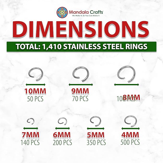 Mandala Crafts Assorted Stainless Steel Jump Rings Jewelry Findings Metal O Rings for Jewelry Making Supplies - 1410 4mm to 10mm Small Open Jump Rings Kit for Necklace Earring