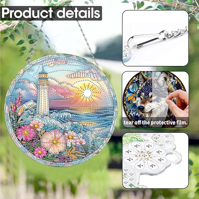 SKRYUIE Lighthouse Hanging Diamond Art Kits for Adults Pendant Suncatcher, Special Shaped Crystal DIY Pearl Diamond Painting Kit, Gift for Mother Spring Summer Window Wreath Decor 7.48 x 7.32 Inch A44