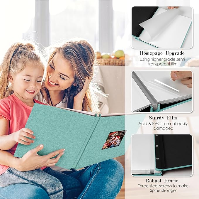Spbapr Large Photo Album Self Adhesive 4x6 5x7 8x10 10x12 Pictures Magnetic Scrapbook 40 Blank Pages Linen Cover DIY Album with A Metal Pen Turquoise