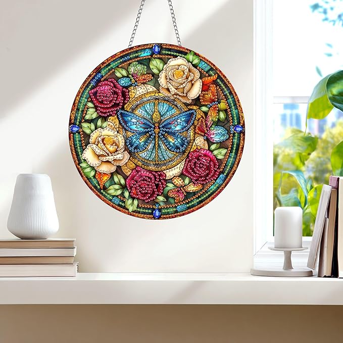 Wergund 5D DIY Butterfly Diamond Art Hanging Kits, Hanging Diamond Art Rose, Acrylic Special Shaped Rhinestone, Window Hanging Pendants for Home Wall Garden Front Door Outdoor Decor Gift(Butterfly)