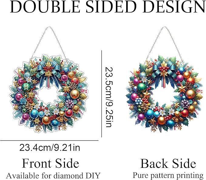 JJFox Diamond Art Hanging Kit for Adult,Special Shaped Rhinestone,Double Sided 5D DIY Acrylic Diamond Art Painting Window Pendants Home Garden Wall Hanging Kits Hanging Ornament (Christmas Wreath)
