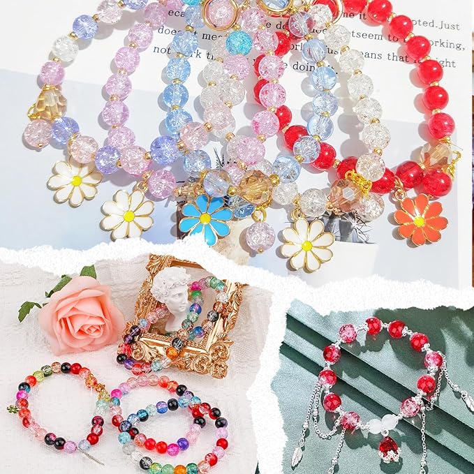XSEINO About 1200+ PCS 6mm Cracked Style Glass Beads Bracelet Making Kit, 24 Assorted Colorful Crack Series Crystal Beads for Jewelry Making and DIY Crafts, Friendship Bracelets