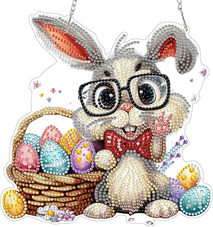 MXJSUA Happy Easter Bunny Diamond Art Hanging Kits for Adults Beginners, Crystal Diamond Suncatchers, Special Shape Diamond Painting Pendant Window Ornament Gifts for Home Garden Door Wall Decor