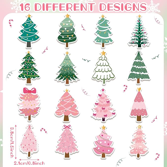 beyumi christmas pine tree sticker - 1000pcs pink and green xmas pine tree stickers in 2 rolls waterproof vinyl winter christmas cute decals party favor classroom bottle envelope gift decor for kids