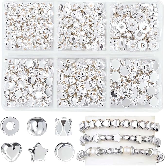350 Pcs Silver Spacer Beads for Jewelry Making, Sparkly CCB Friendship Bracelet Bead Kits, Assorted Round Heart Star Flat Ring Seed Beads Set for DIY Earring Necklace Crafts Keychain (6 Styles)