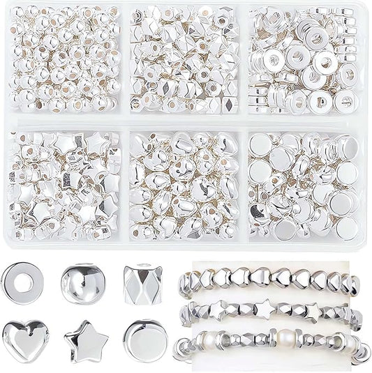 350 Pcs Silver Spacer Beads for Jewelry Making, Sparkly CCB Friendship Bracelet Bead Kits, Assorted Round Heart Star Flat Ring Seed Beads Set for DIY Earring Necklace Crafts Keychain (6 Styles)