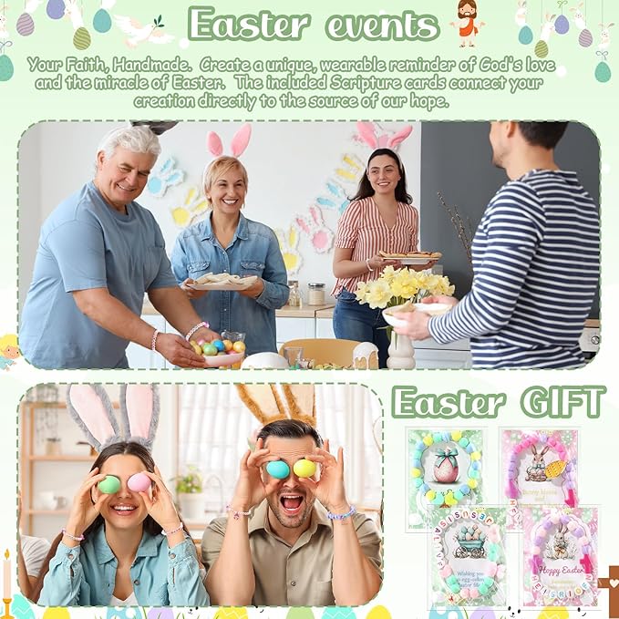 Chunful 1022 Pcs Easter Charms Beads Bracelet Jewelry Making Bunny Easter Egg Colorful Cross Pastel Alphabet Bead DIY Jewelry Craft Gift with Blessing Cards for Women Girls Kids Classroom Party Favors