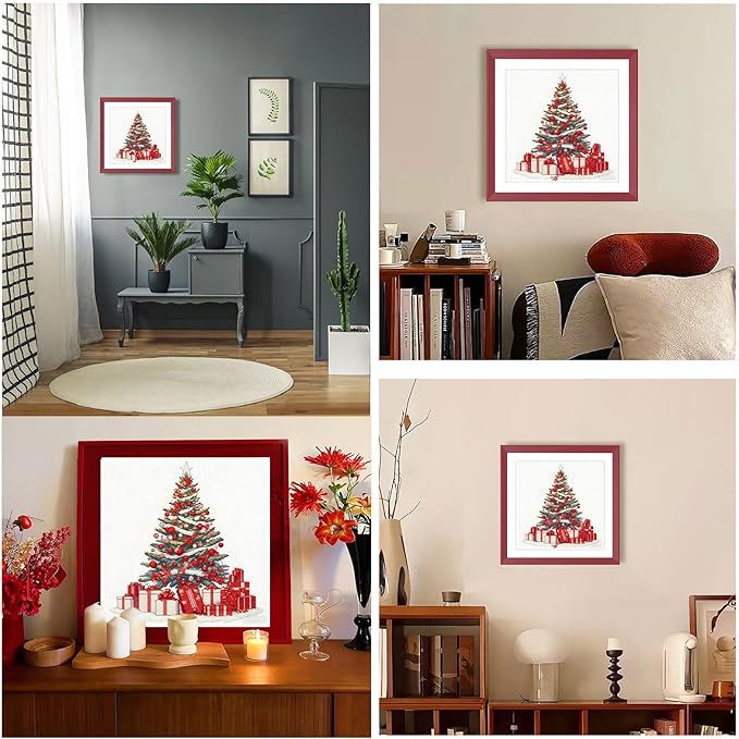 Zhenqing Christmas Tree Cross Stitch Kit – 11CT 9.45x9.45 Inch Aida Cloth with Gifts & Stars – Festive Red, Gold & Indigo Holiday Embroidery Set(67908)