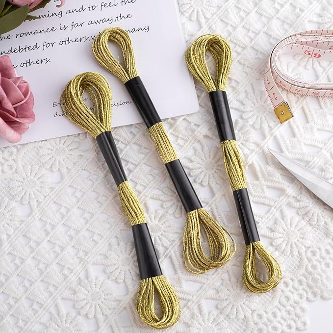 3 Skeins Metallic Embroidery Floss, Glitter Gold Embroidery Thread String, Polyester Cross-Stitch Threads for Hand Embroidery, String Art, DIY Bracelet- Gold
