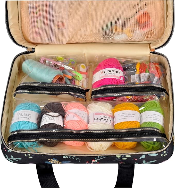 Portable Square Cross Stitch Starter Kits Bag Embroidery Project Bag Embroidery Tool Storage Tote Bag with Multifunctional Pockets, Bag Only (Black Leaves)