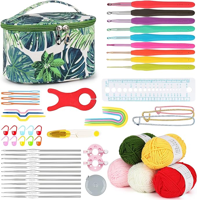 aeelike crochet kits for beginners with yarn, learn to crochet set included crochet hooks supplies diy tools,crocheting kit for adults kids with portable green leaves bag