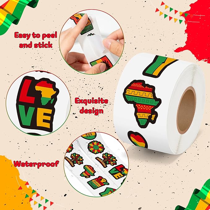beyumi black history month sticker - 1000pcs black history month stickers in 2 rolls waterproof vinyl kwanzaa juneteenth african american celebration decals party laptop bottle scrapbooking decoration