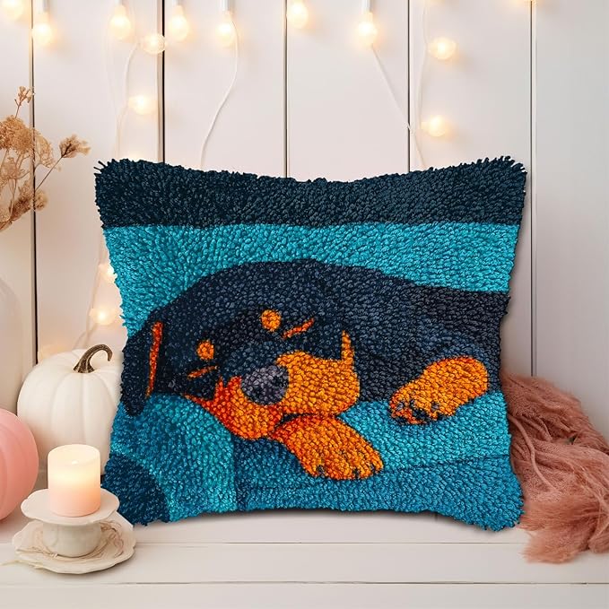 DIY Latch Hook Pillow Kits for Adults Rottweiler Dog Puppy Sleeping Printed Pillowcase Crochet Yarns Hooking Handmade Pillow Cover Cushion for Home Sofa Decoration 17x17inch-4