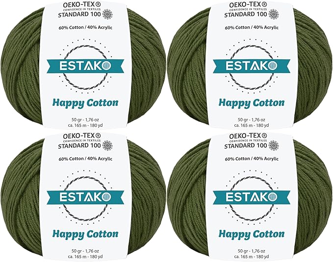 Estako Happy Cotton, (4 Skeins Pack) 60% Cotton 40% Acrylic Yarn, Soft, Fine/Sport (2) for Crochet and Knitting (4 x 1.76 Oz) / (4 x 180 Yrds) (4940 - Olive Green)