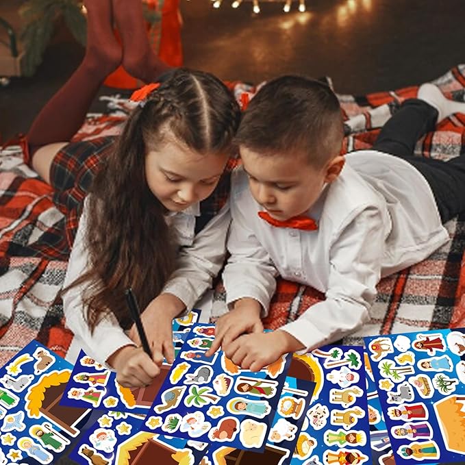 32 sheets christmas nativity stickers, make a nativity scene sticker jesus birth stickers, christmas crafts for kids, religious bible scene party favor christian craft school classroom activity