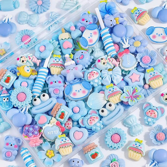 100PCS Blue Slime Charms Cute Flatback Resin Charms for Slime, Random Kawaii Decoden Charm for Embellishments Phone Junk Case Charms Bulk, Hairpins Scrapbooking Crafting & DIY Decoration