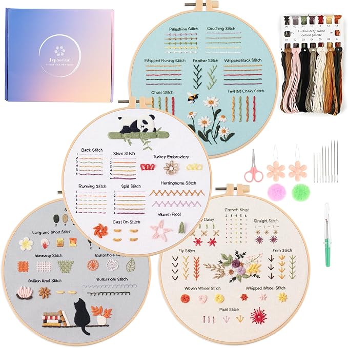 Jyphorixal Embroidery Kit for Beginners Adults Cross Stitch Starter Kit Needle Point Supplies 30 Basic Stitches in 4 Set, DIY Craft Lover Starter Hand Stitch