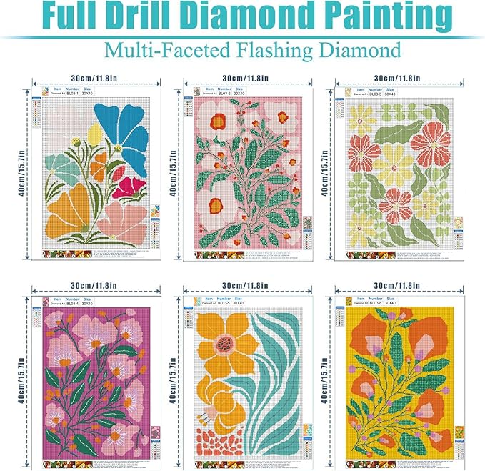 EIBEILI 6 Pack Adult Diamond Painting Set - Flowers Diamond Painting Set, 5D Diamond Painting, DIY Full Diamond Painting Gemstone Craft 11.8x15.7 inches