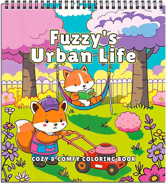 Cozy Coloring Book for Adults and Kids – Featuring Fuzzy’s Cute Animal Urban Life Moments, Bold and Easy, Simple Coloring Book for Teen Relaxation & Mindfulness Gift for Women, Spiral Bound Design