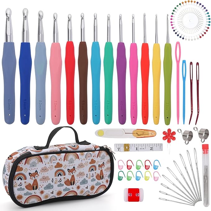 Crochetbox Crochet Hooks Set, 13 Size 2mm(B)-10mm(P) Ergonomic Handles Crochet Hooks with Case for Arthritic Hands, Kintting Needle with Crocheting Tool for Crocheters