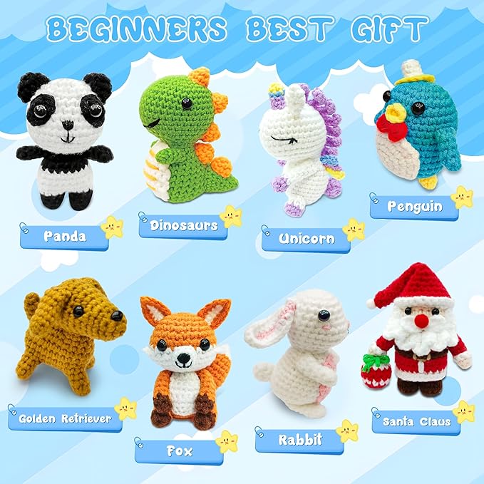 huashiluo 8pcs crochet kit for beginners, 2026 diy craft for adults and kids, great gift for crochet lovers, crocheting animal kits with step by step videos,yarn,crochet hook