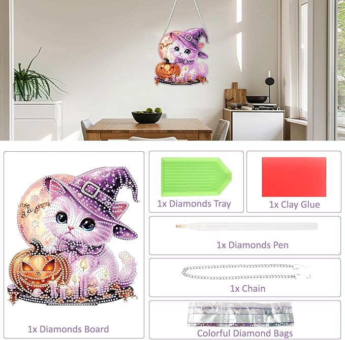 SENQAO Halloween Diamond Art Hanging Kits for Adults Beginners, DIY Acrylic 5D Special Shaped Crystal Diamond Gem Art Painting Hanging Ornament for Home Wall Decor and Gift（Cat Pumpkin Moon）