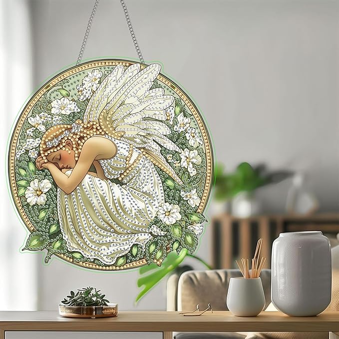 Bimkole Angel Woman Diamond Art Hanging Kit for Adult, DIY 5D Diamond Art Flower Window Pendant, Acrylic Crystal Art Hanging Ornament Home Wall Garden Front Door Sign Outdoor Decor 7.8x7.8 Inch