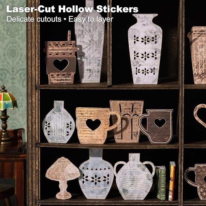 Vintage House & Tableware Laser Cut Ephemera Sticker Set – 120pcs Houses Chairs Sofas Teapots Cups for Scrapbooks Journals Cardmaking DIY Crafts Decor