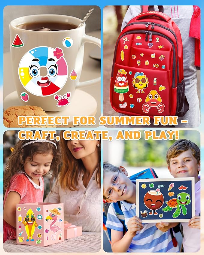 aowplc 48 sheets summer fun make-a-face sticker set for kids – create your own faces with beach, tropical & animal stickers – ideal summer crafts, party favors & creative activities