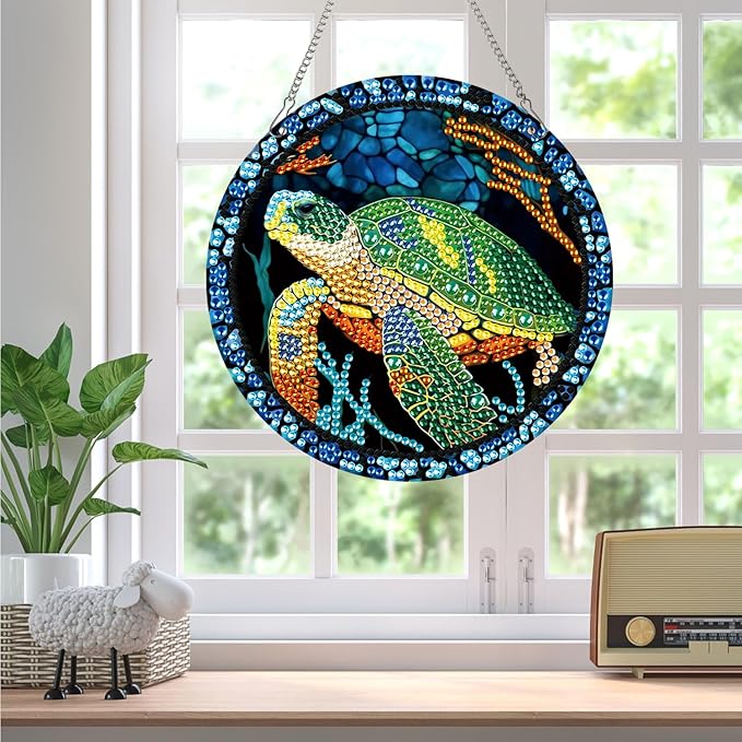 AiYuanzsh Sea Turtle Diamond Painting Hanging Pendant Kit, Special Shaped Diamond Dots Acrylic Ornament, DIY Diamond Art Pendant for Adults Home Wall Window Decoration Gift